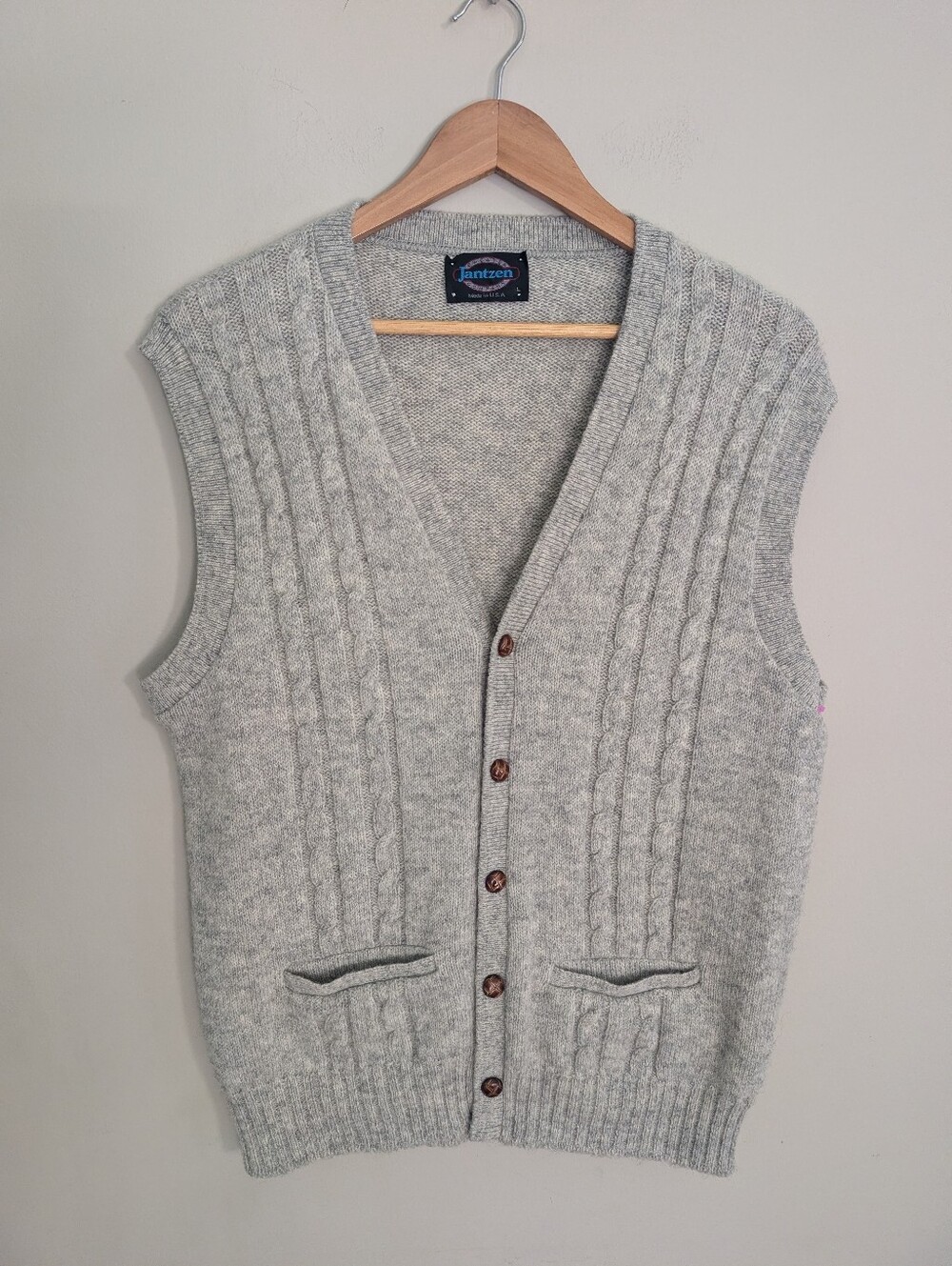 Jantzen Gray Wool Cable Knit Fisherman Sweater Vest Size L